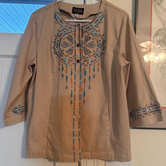 Bob Mackie Beige Embroidered Utility Jacket - Picture 3 of 5